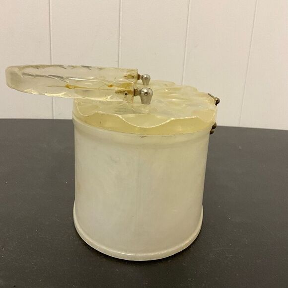 Vintage 1950s Lucite Marbleized Pearl Top Handle Purse Round Box Makeup Containe - Picture 13 of 14